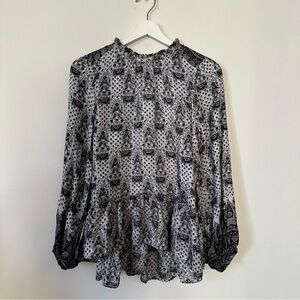 NWOT Ne Quittez Pas 100% Silk Paisley Print Bohemian Blouse Black & White Size S